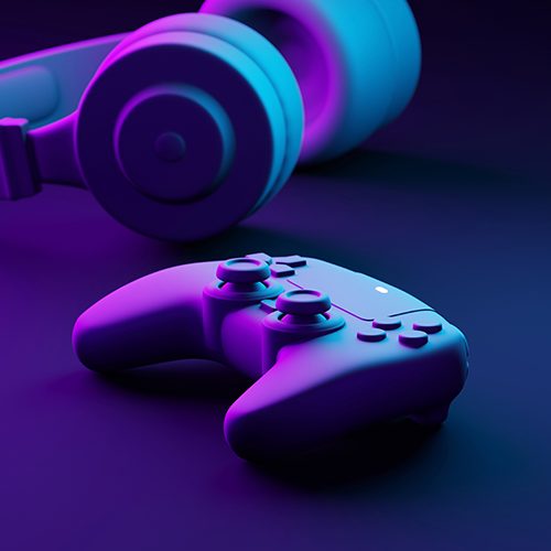Gamepad and headphones with copy space 3D render